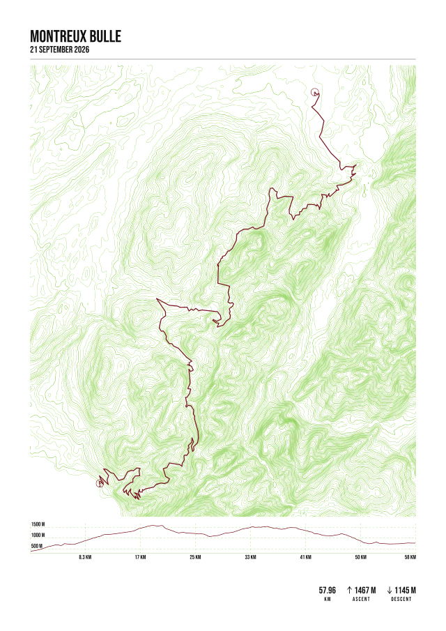 Pen-plotted topographic contour map of the Montreux–Bulle route in the Vaudois Alps