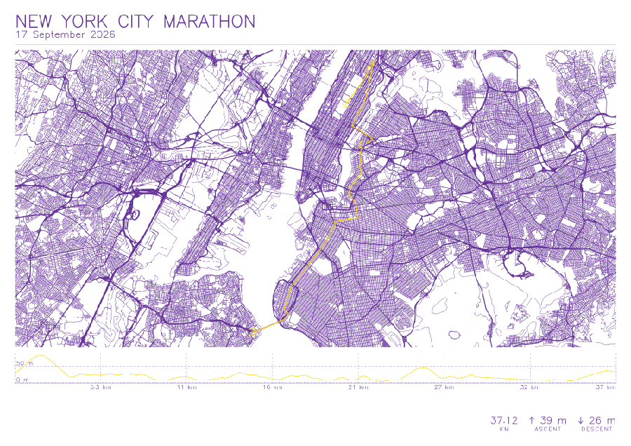 Pen-plotted street map of the New York City Marathon route, black line work on white card