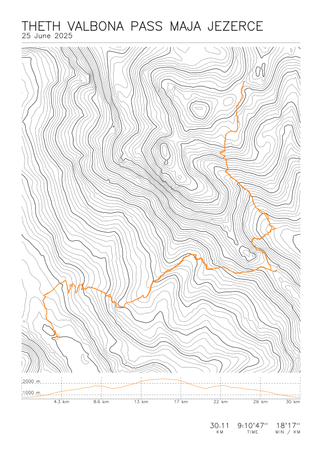 Pen-plotted topographic contour map of the Thëth–Valbona Pass traverse in the Albanian Alps