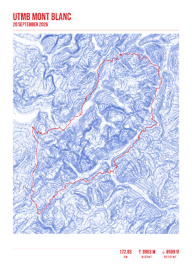 Pen-plotted topographic contour map of the UTMB Mont-Blanc route around Mont Blanc